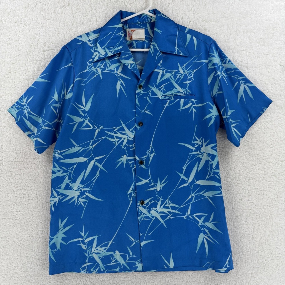 Vintage Sears Hawaiian Fashions Shirt Mens Medium Blue Bamboo Print Aloha Casual